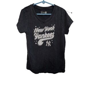 New Era New York Yankees Girls Black V-Neck‎ Graphic T-Shirt Glitter Stars 10/12